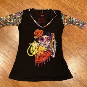 Ay Guey! T-shirt with Dia de Los Muertos Frida and her Monkey.